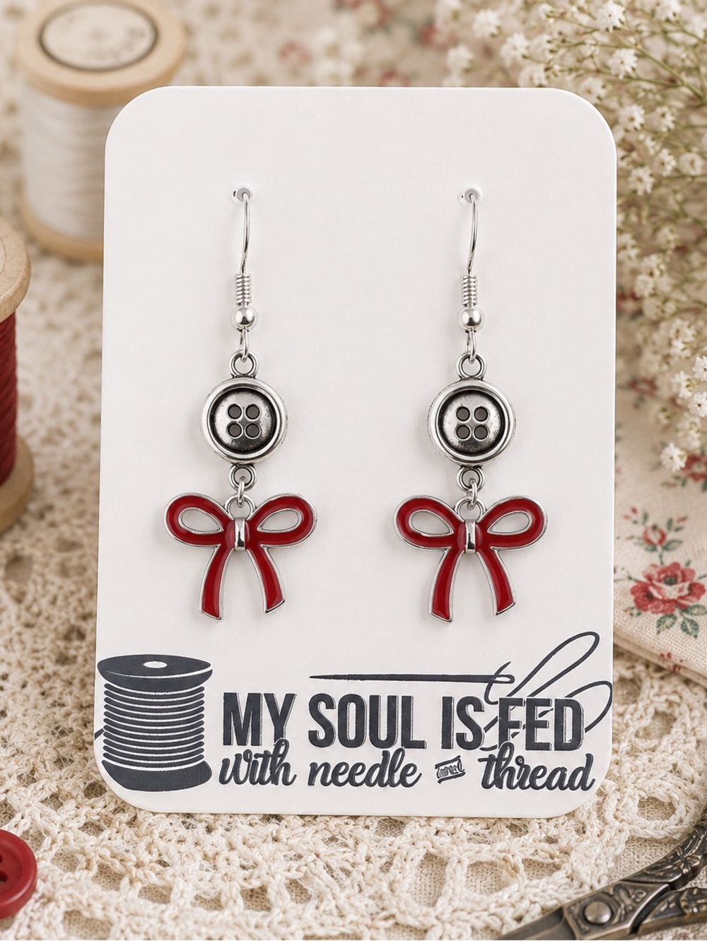 New Handmade Silver-Tone Button and Red Bow Charm Dangle Earrings